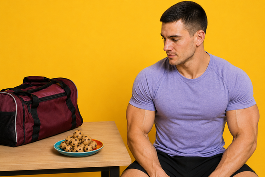 A bodybuilder on a cut eating a low-calorie protein cookie dough snack to protect their gains