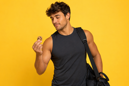 A busy person grabbing a ready-to-eat protein cookie dough snack to hit their macros without meal prepping.