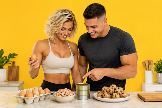 A couple choosing affordable protein sources like eggs, tuna, and protein cookie dough to build muscle on a budget
