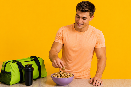 A gym-goer eating protein cookie dough after a workout to take advantage of the anabolic window.