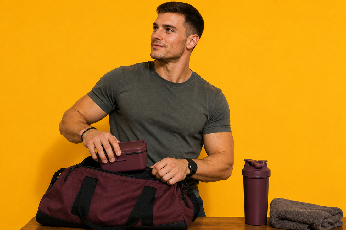 A man packing his bag with gym essentials, including protein cookie dough