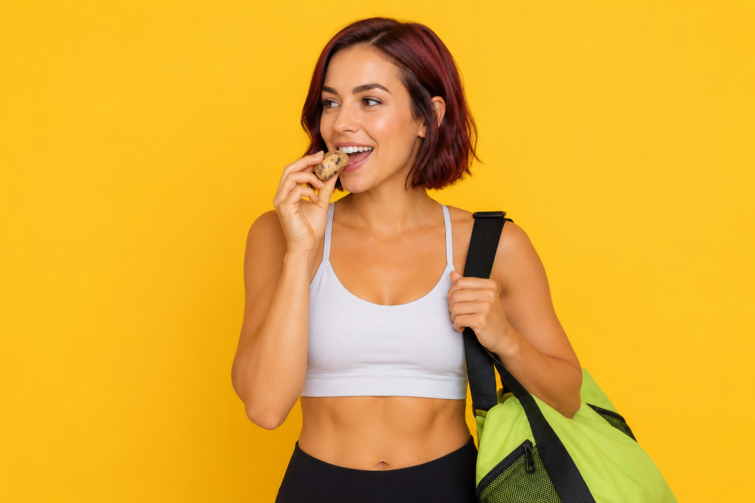 A person eating a light pre-workout protein cookie dough snack before training