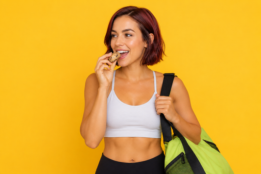 A person eating a light pre-workout protein cookie dough snack before training