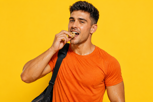 A person eating a protein cookie dough snack right after training to catch the 30-minute post-workout window.