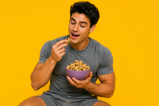 A person enjoying protein cookie dough as a nostalgic fitness snack.