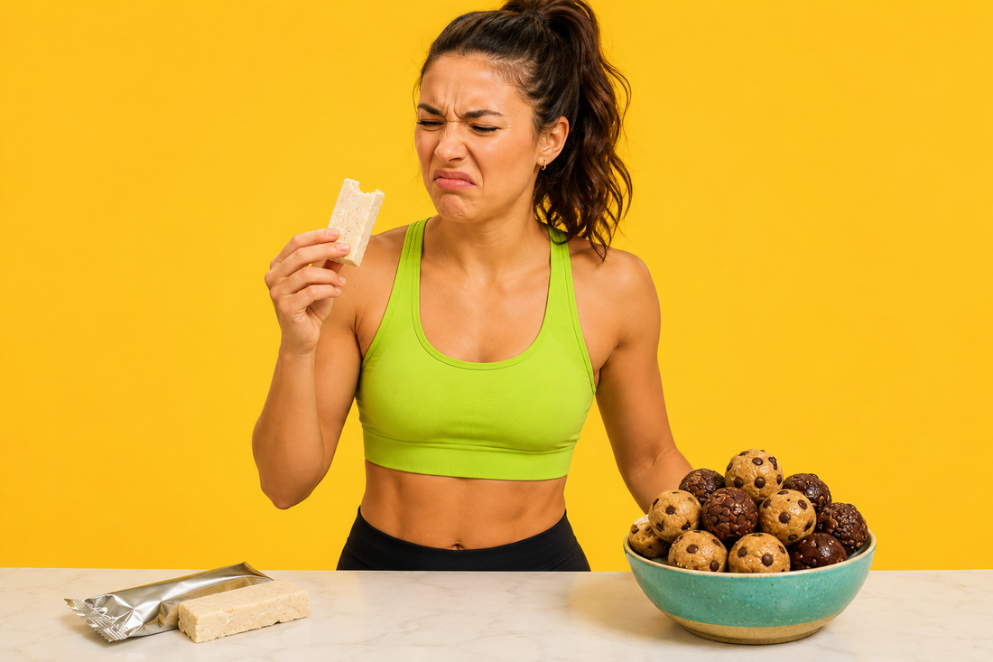 A person tasting a chalky protein bar beside a flavorful protein cookie dough alternative
