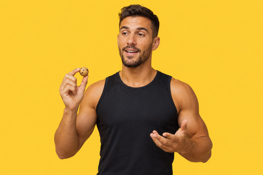 A personal trainer holding a protein cookie dough snack while explaining how much protein a snack really needs