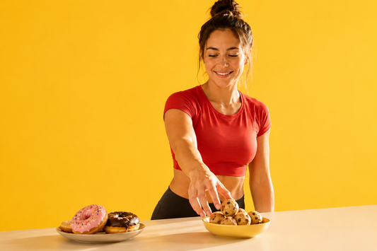 A woman reaching for a protein cookie dough snack instead of a sugary treat