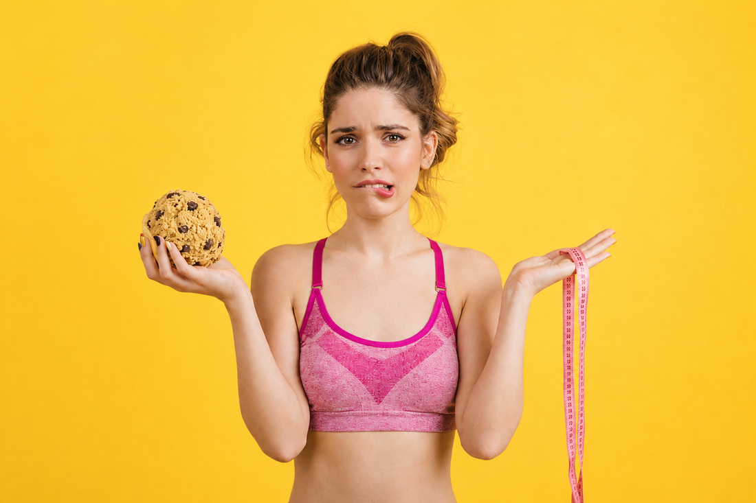 A young female athlete considering protein cookie dough while on a calorie deficit.